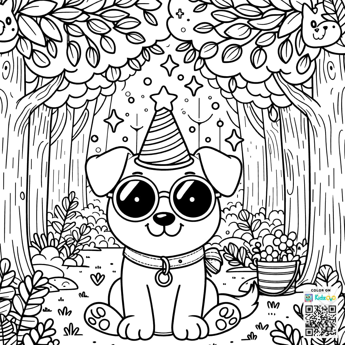 A Cute Dog in the Magic Forest wearing a Sunglasses