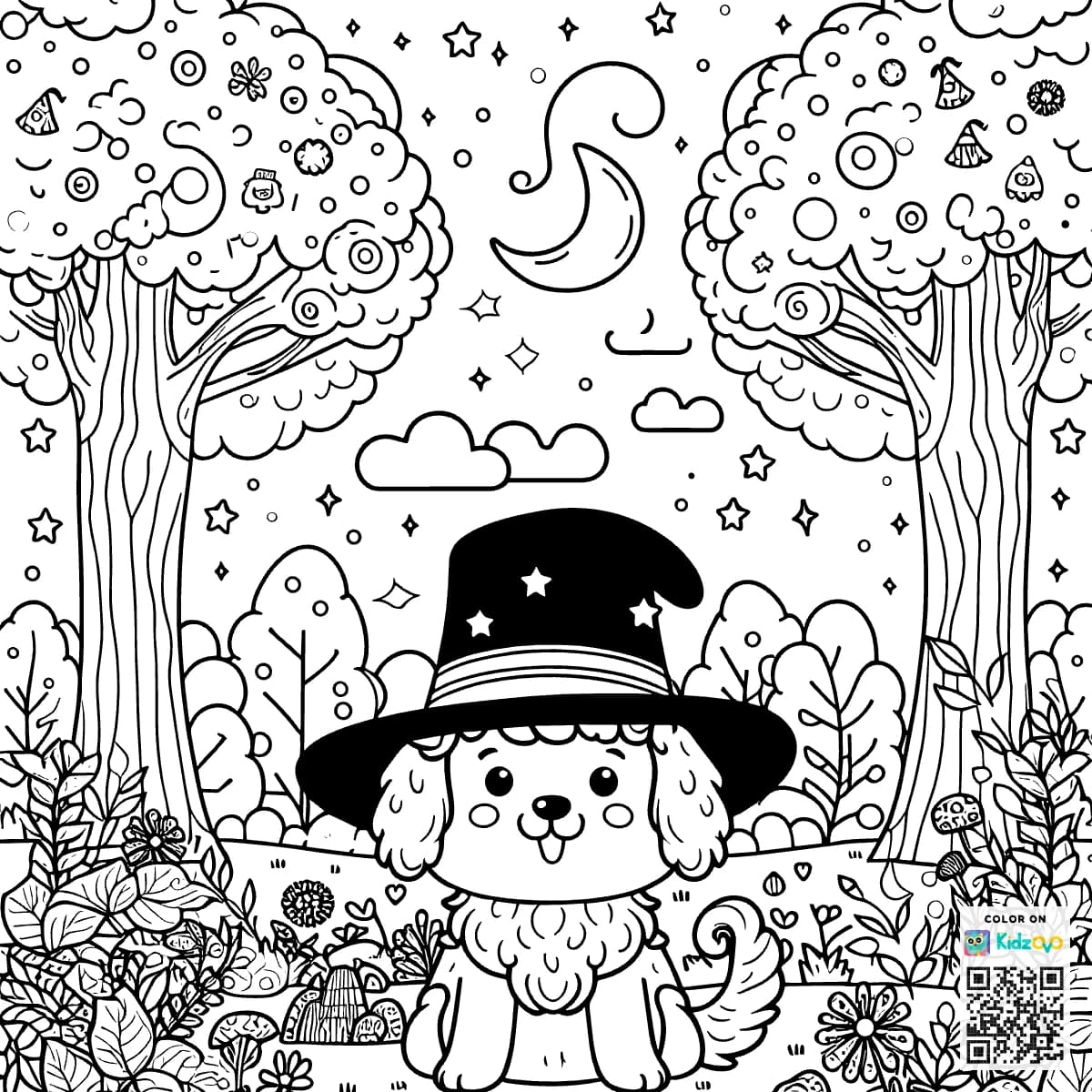 A Cute Dog in the Magic Forest wearing a Top Hat