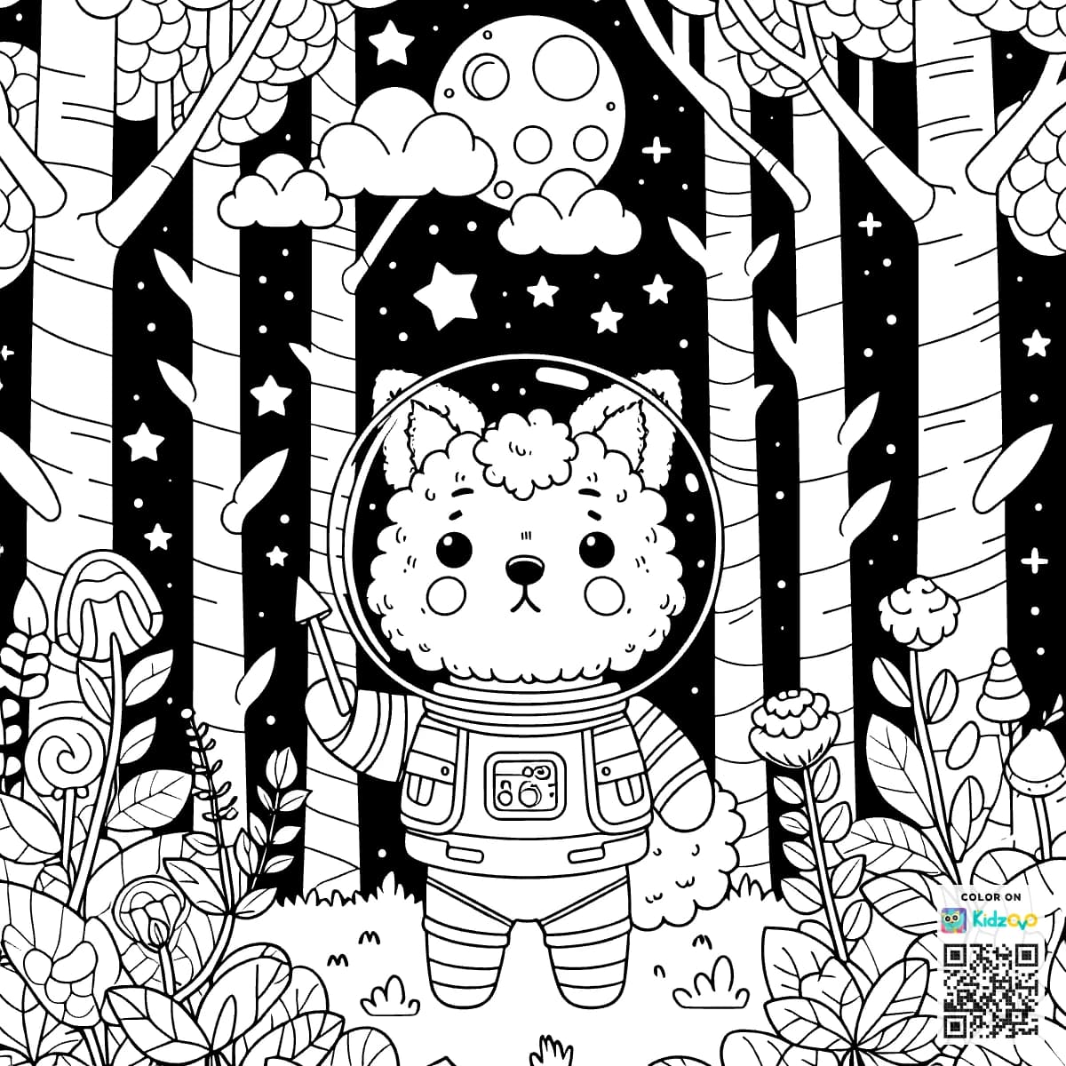 A Cute Dog in the Magic Forest wearing an astronaut suit