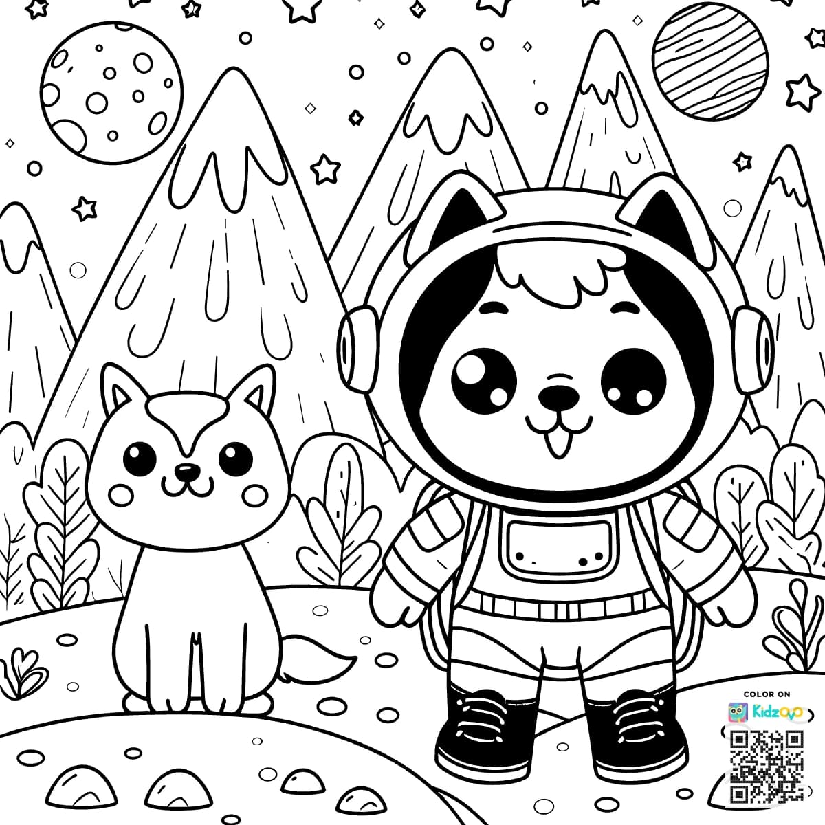 A Cute Dog in the Mountains wearing an astronaut suit