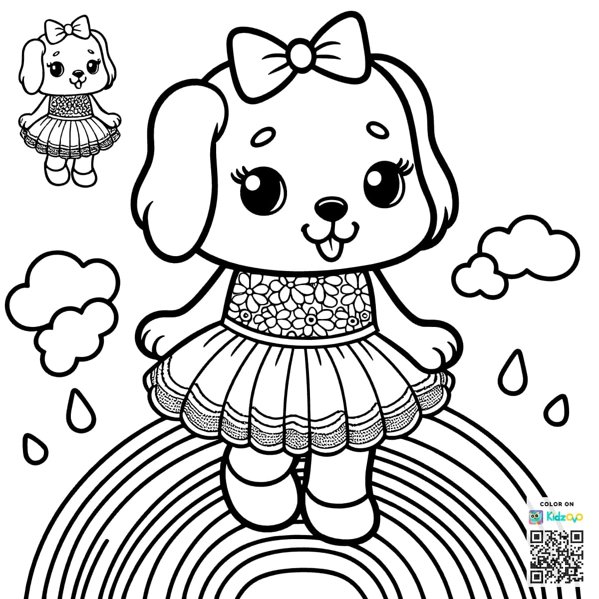A Cute Dog on a Rainbow wearing a beautiful dress