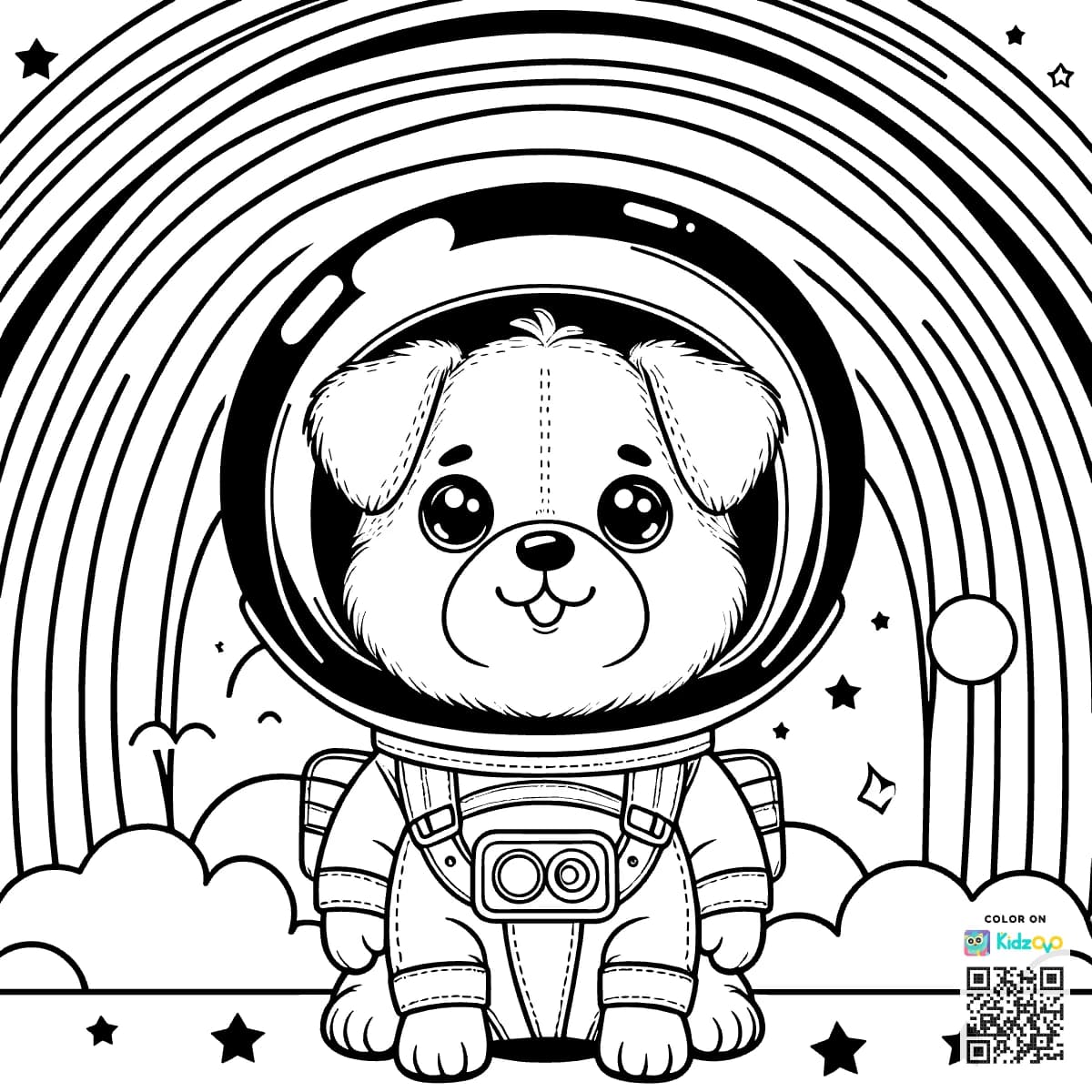 A Cute Dog on a Rainbow wearing an astronaut suit