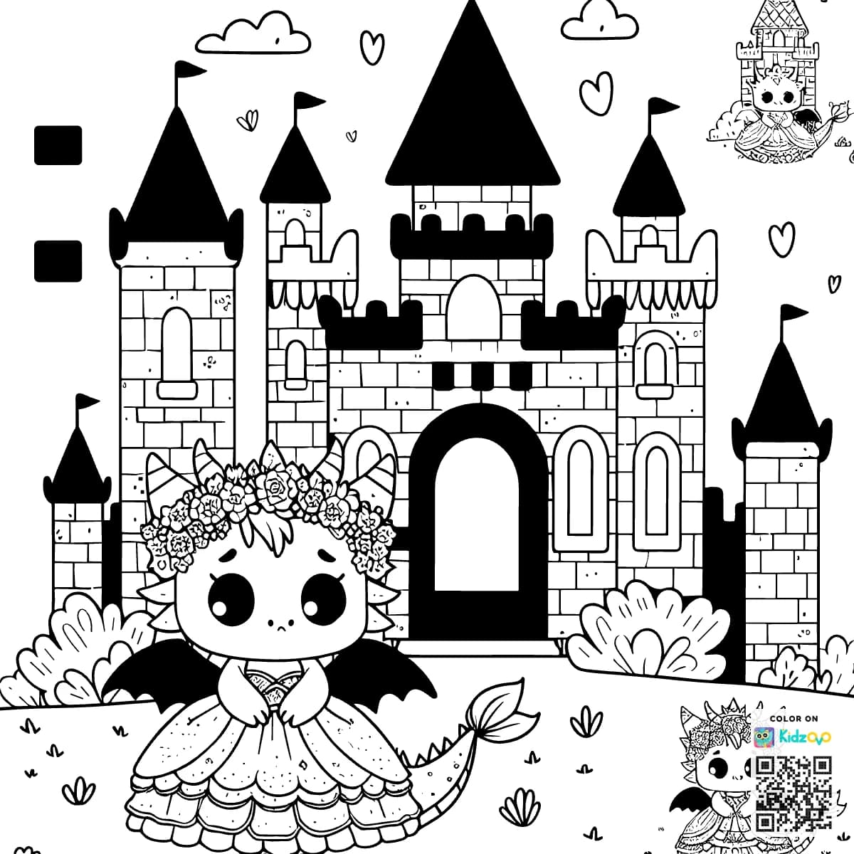 A Cute Dragon in a Castle wearing a beautiful dress