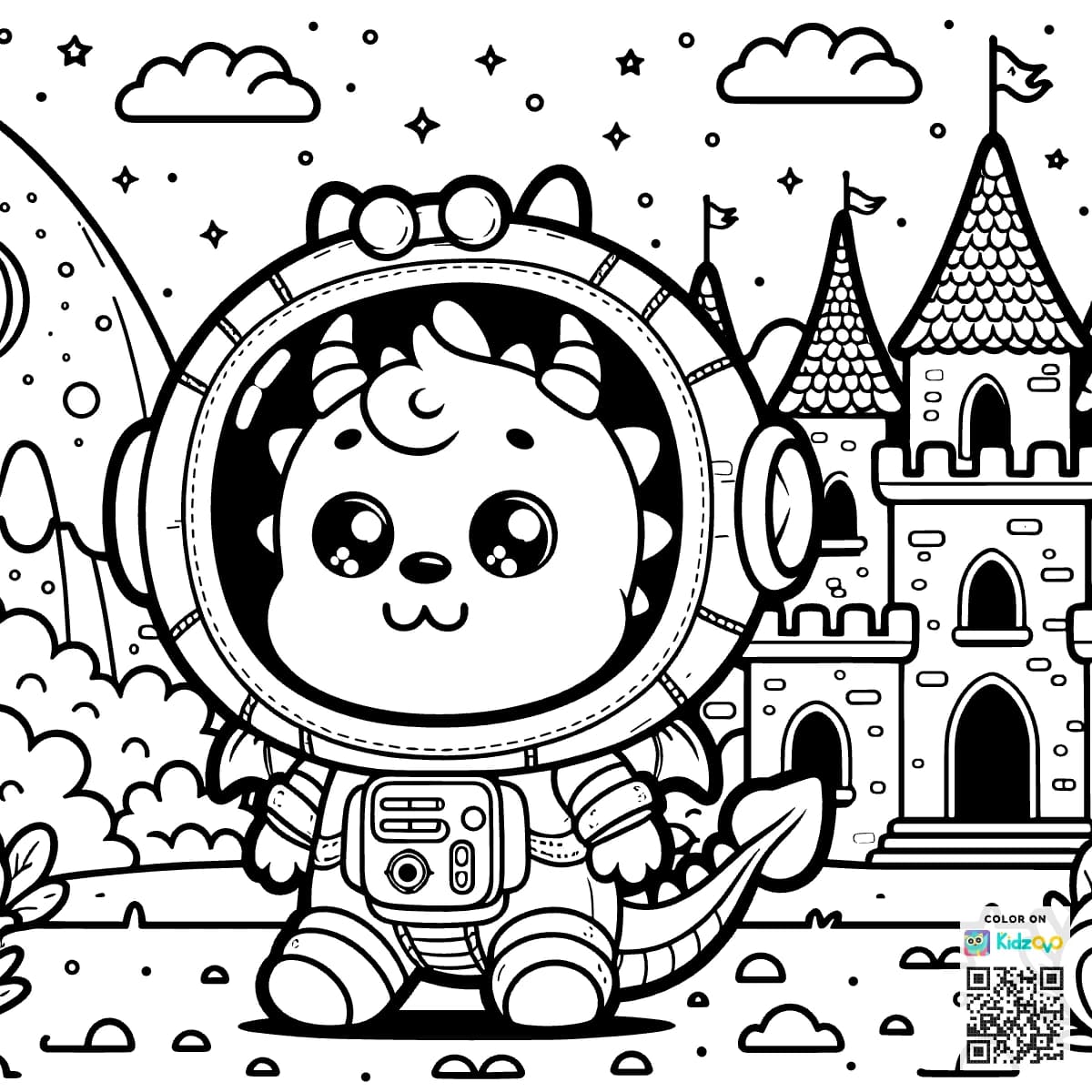 A Cute Dragon in a Castle wearing an astronaut suit