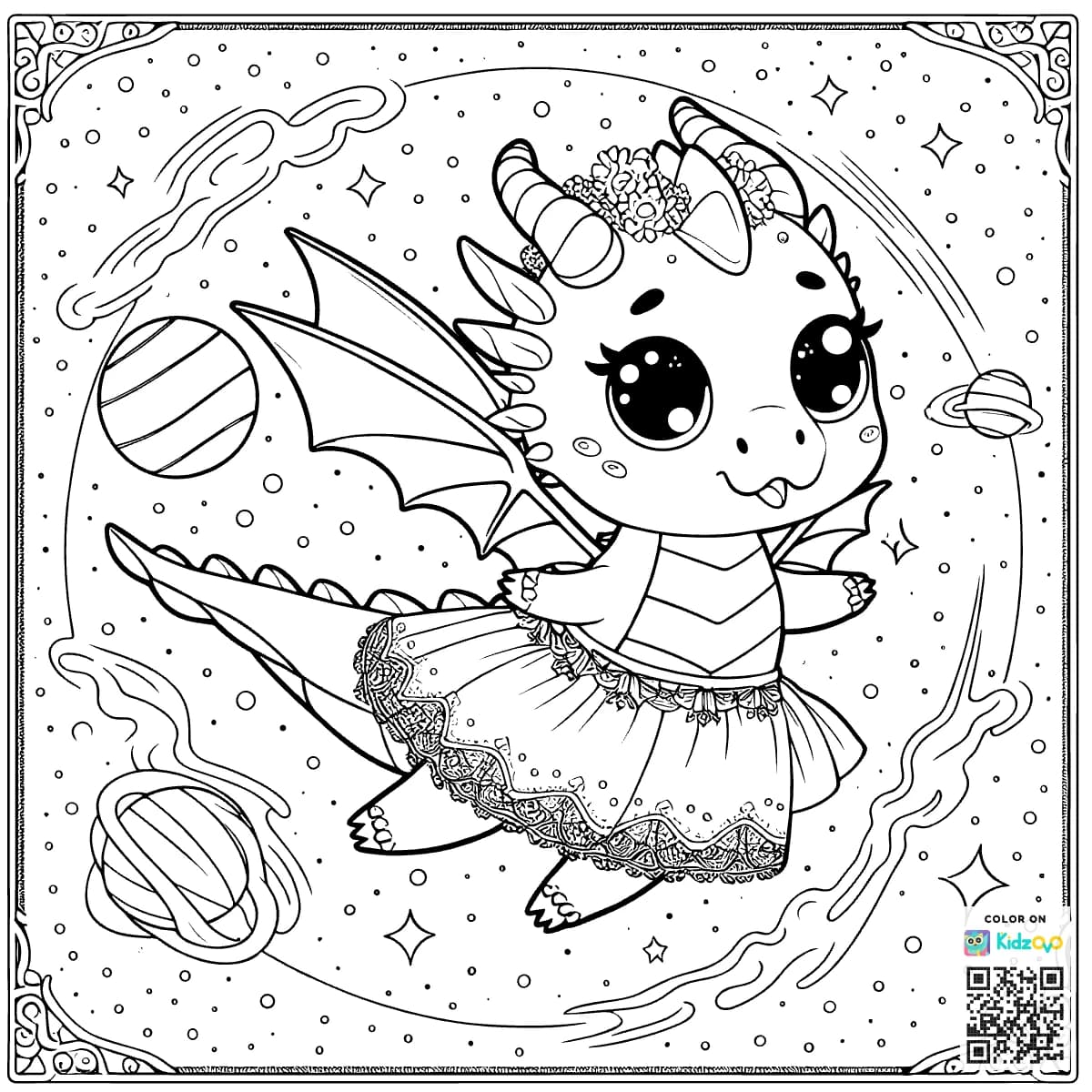 A Cute Dragon in Space wearing a beautiful dress