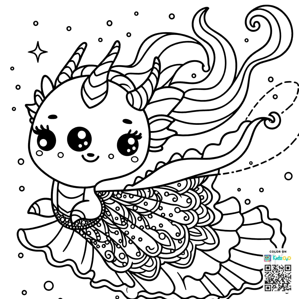 A Cute Dragon in Space wearing a beautiful dress