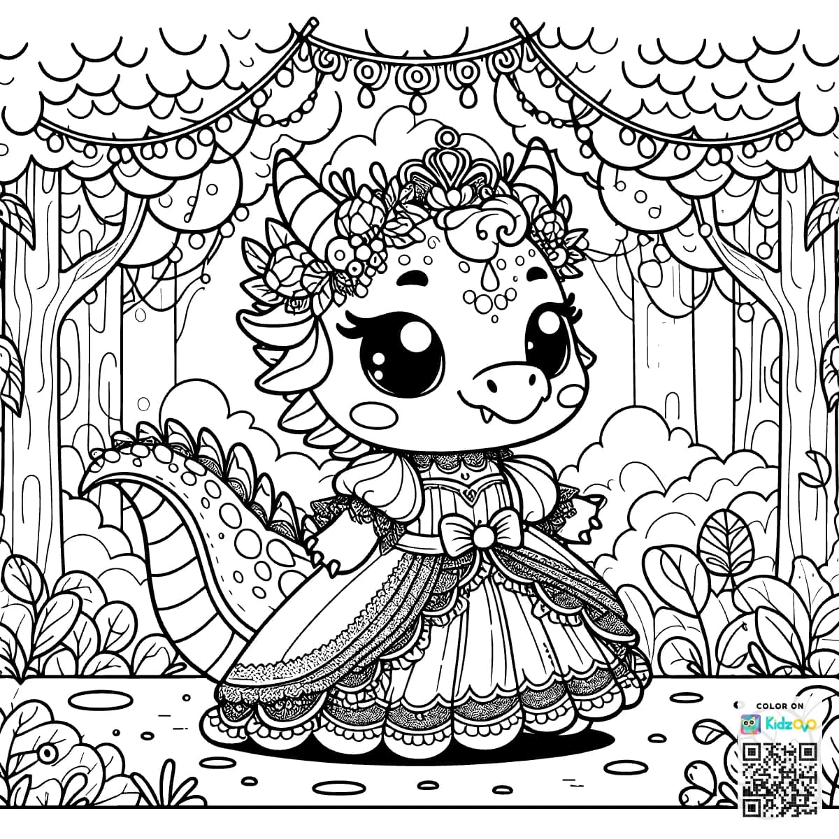 A Cute Dragon in the Magic Forest wearing a beautiful dress