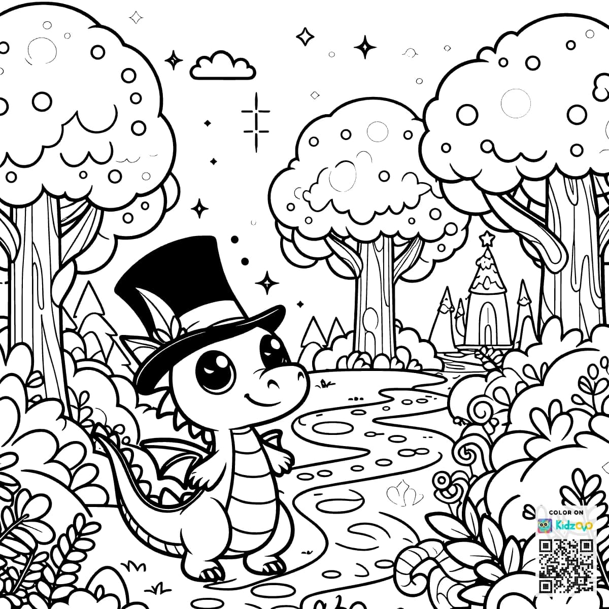 A Cute Dragon in the Magic Forest wearing a Top Hat