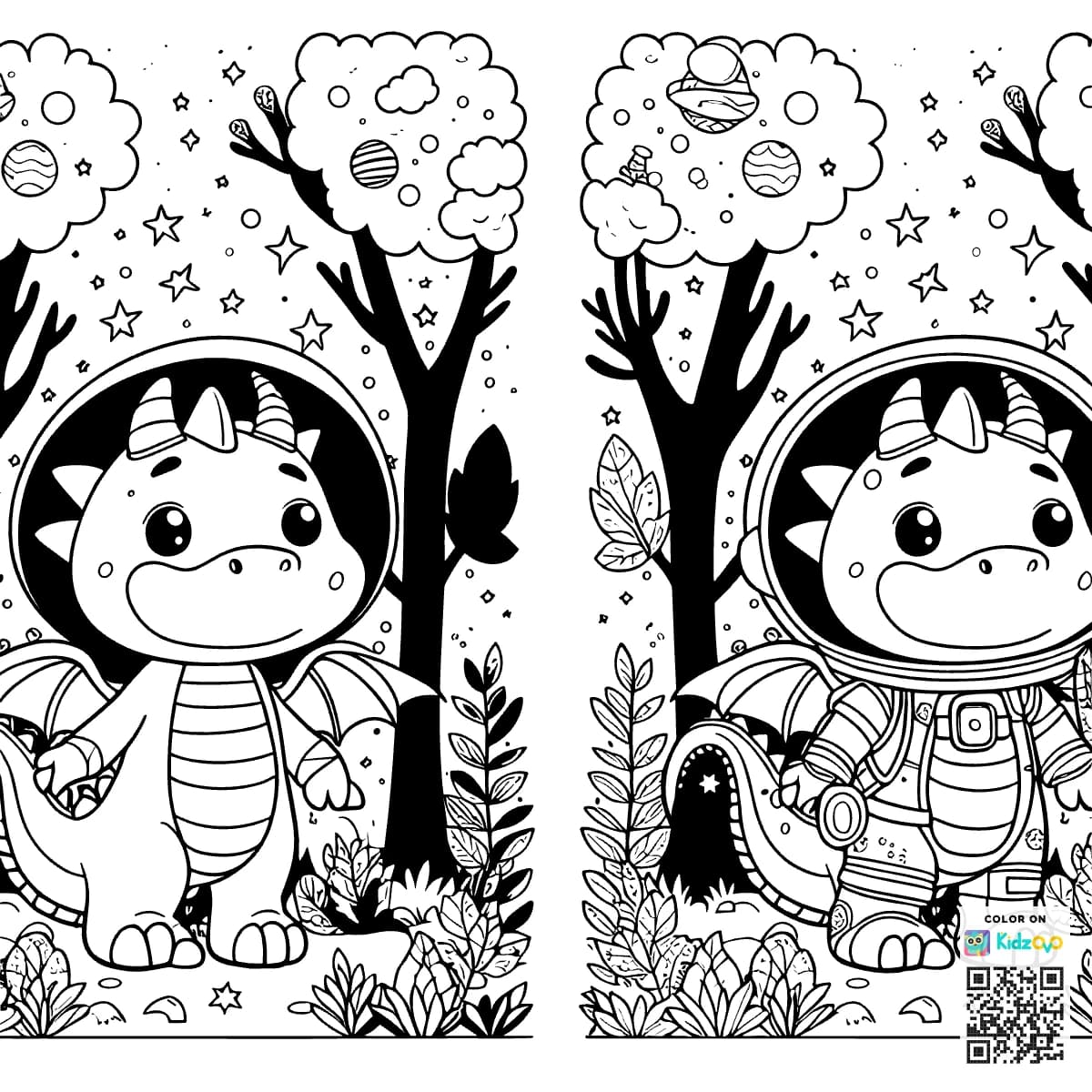 A Cute Dragon in the Magic Forest wearing an astronaut suit