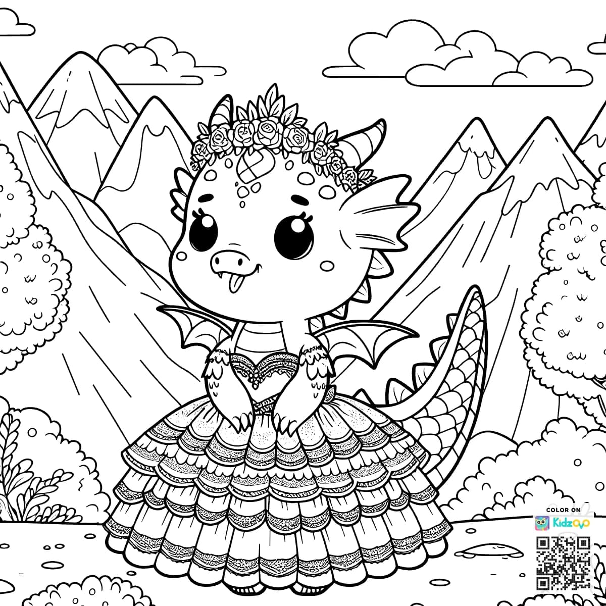 A Cute Dragon in the Mountains wearing a beautiful dress