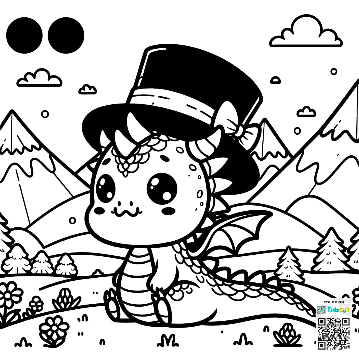 A Cute Dragon in the Mountains wearing a Top Hat