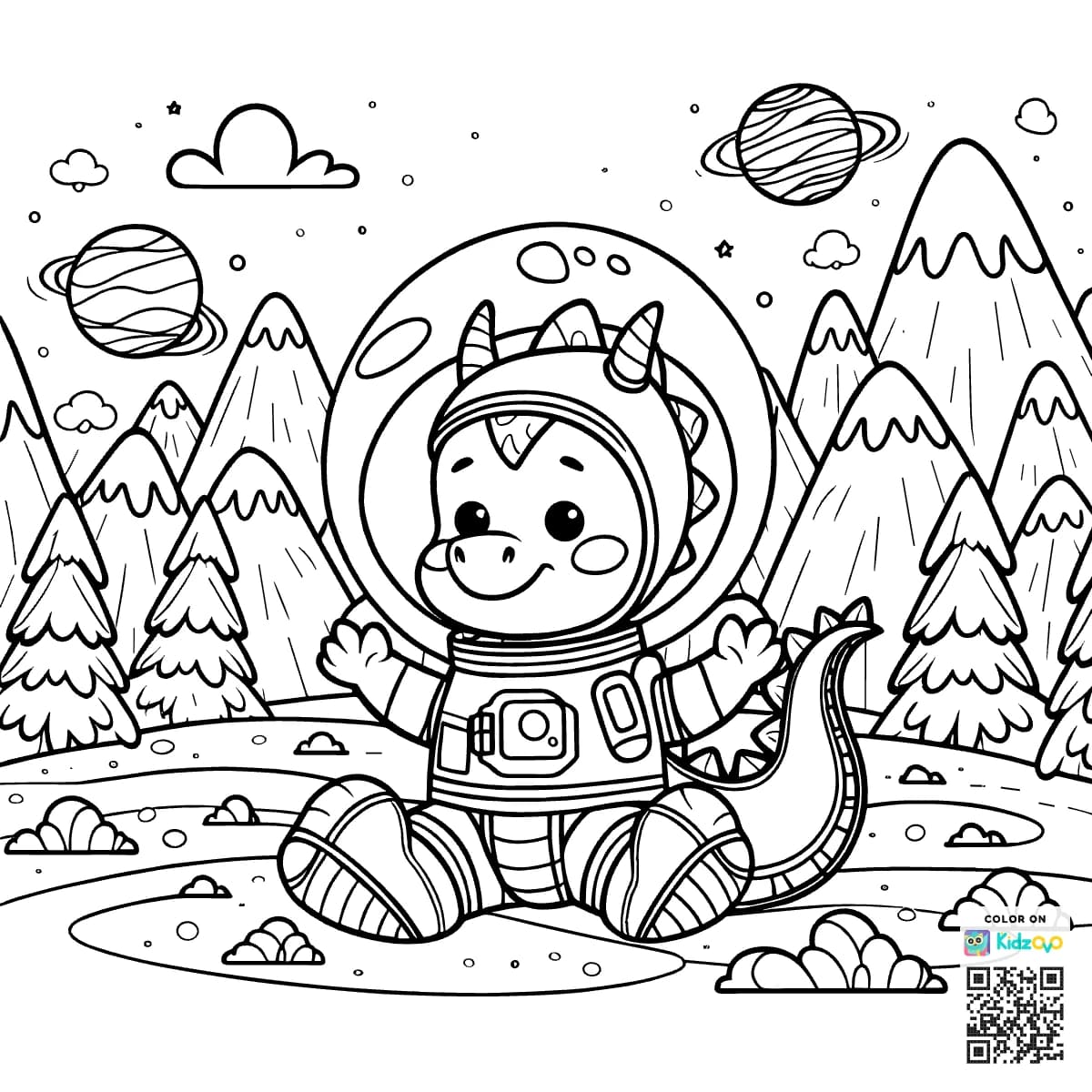 A Cute Dragon in the Mountains wearing an astronaut suit