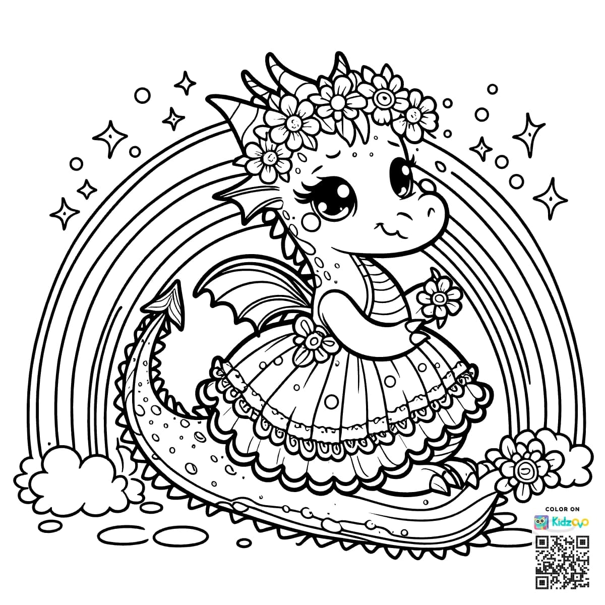 A Cute Dragon on a Rainbow wearing a beautiful dress