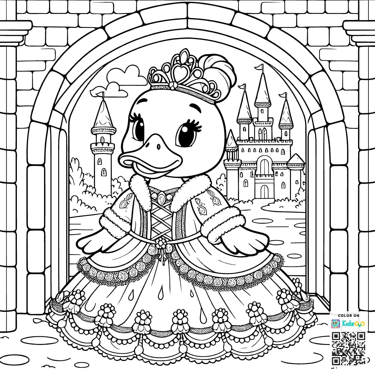 A Cute Duck in a Castle wearing a beautiful dress