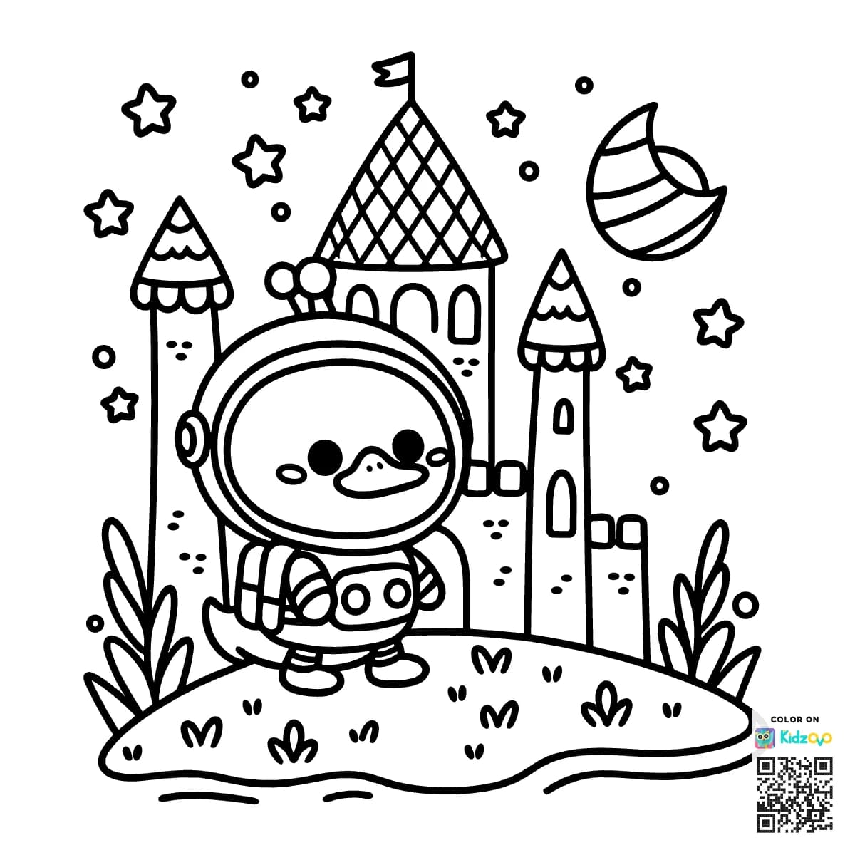 A Cute Duck in a Castle wearing an astronaut suit