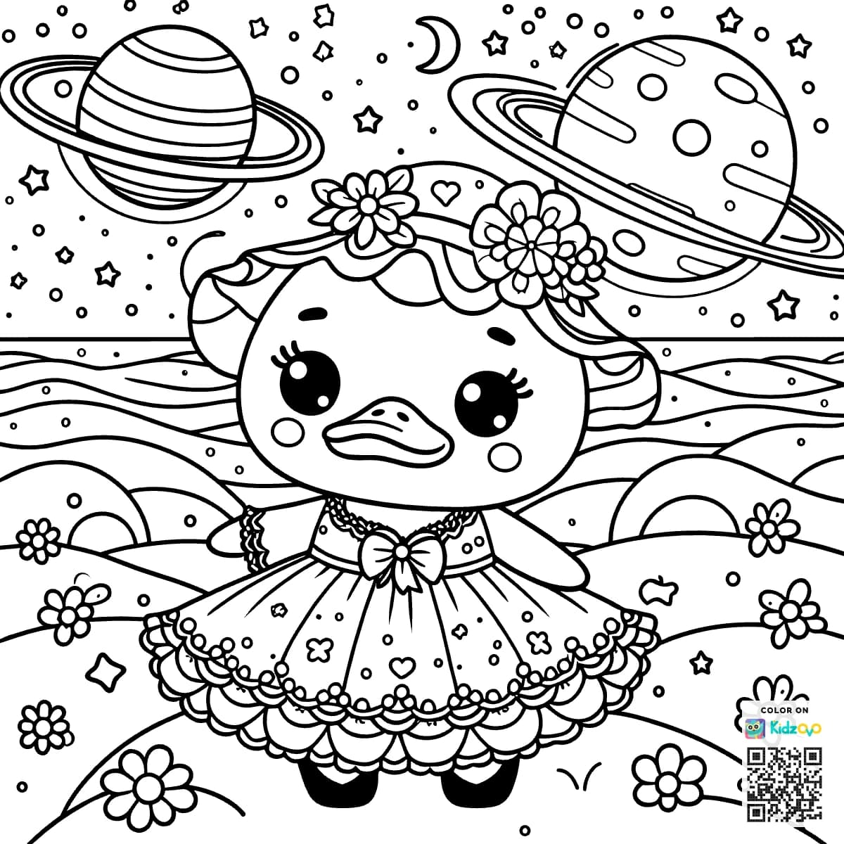 A Cute Duck in Space wearing a beautiful dress