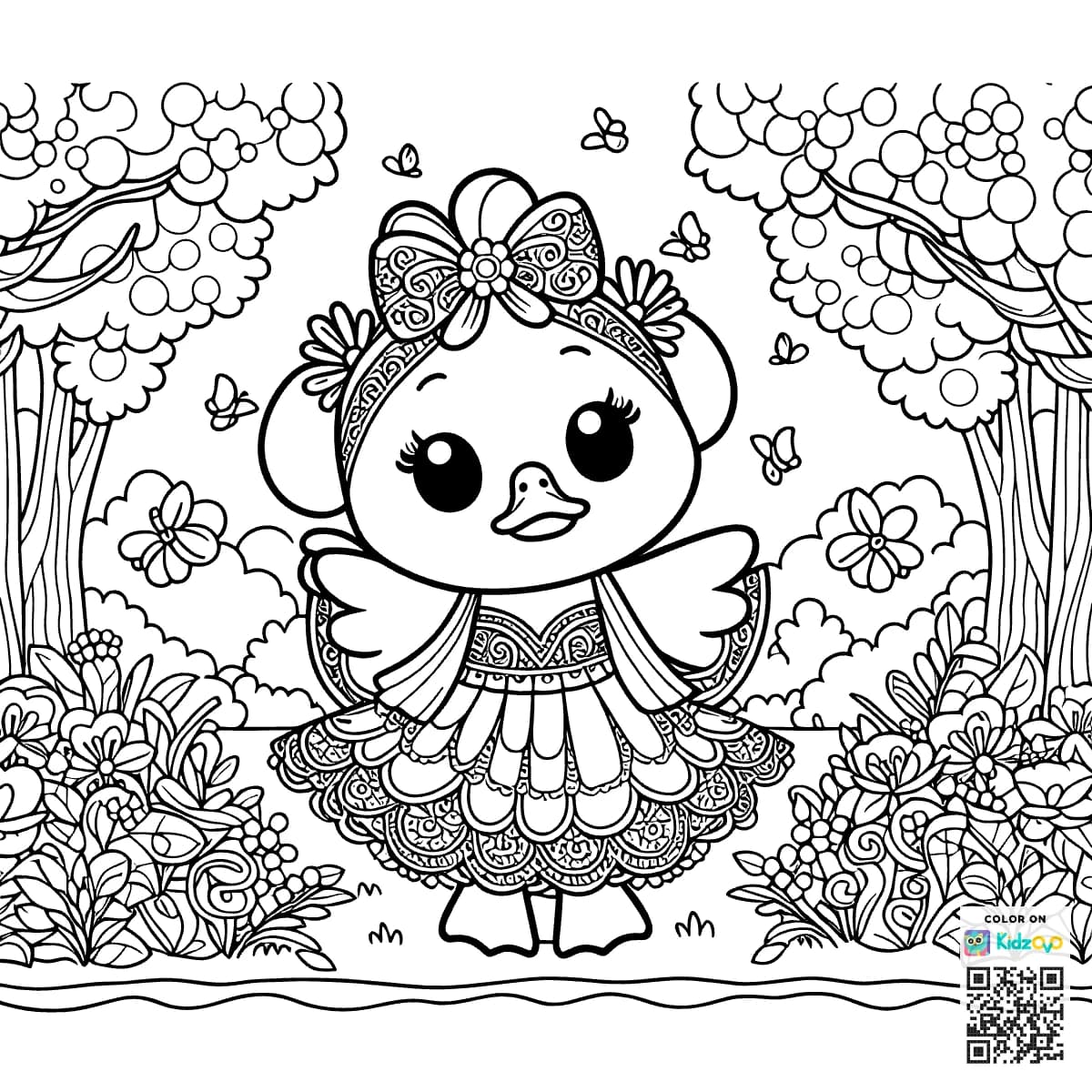 A Cute Duck in the Magic Forest wearing a beautiful dress