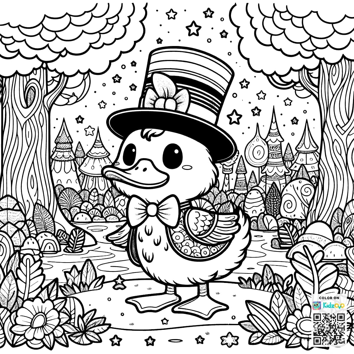 A Cute Duck in the Magic Forest wearing a Top Hat