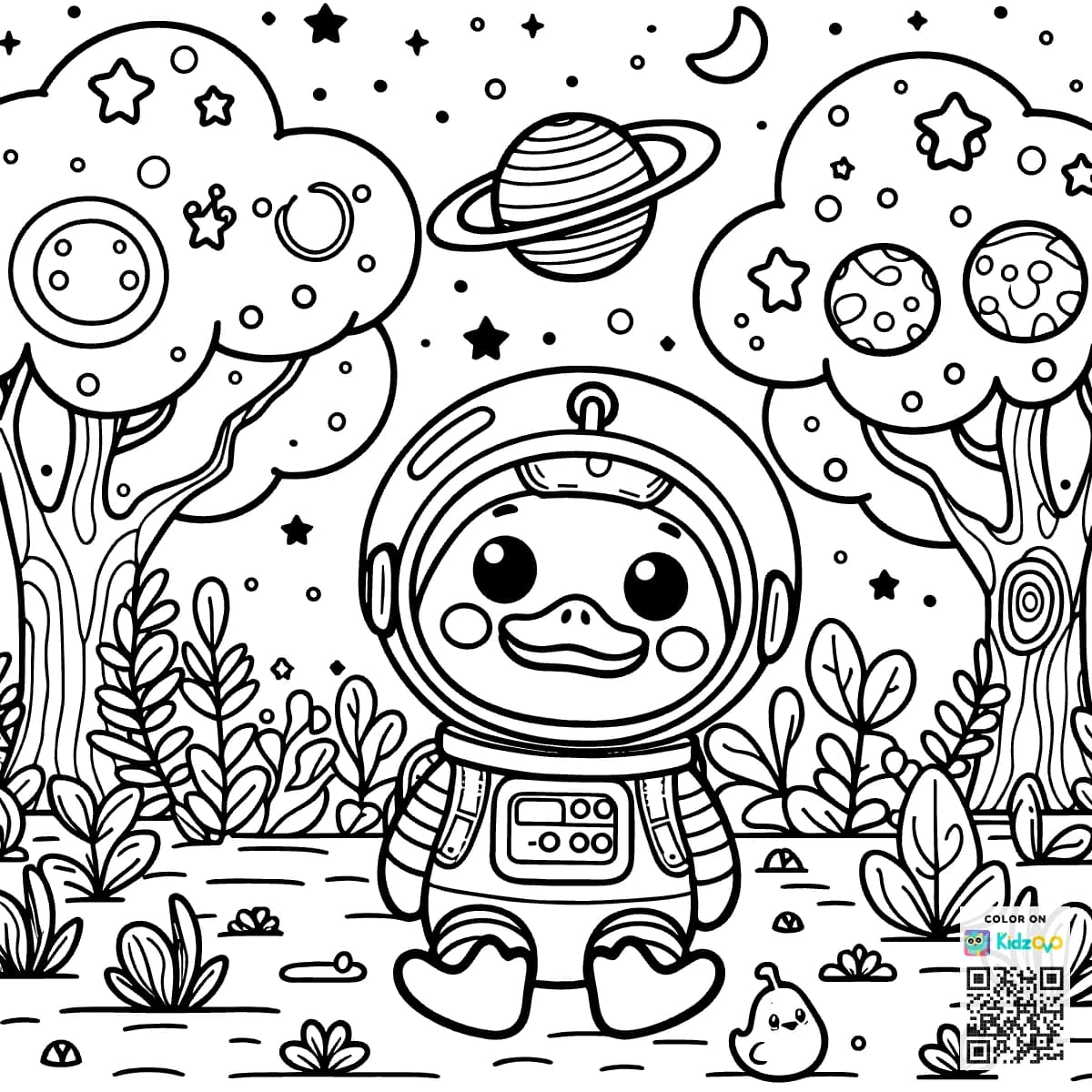 A Cute Duck in the Magic Forest wearing an astronaut suit