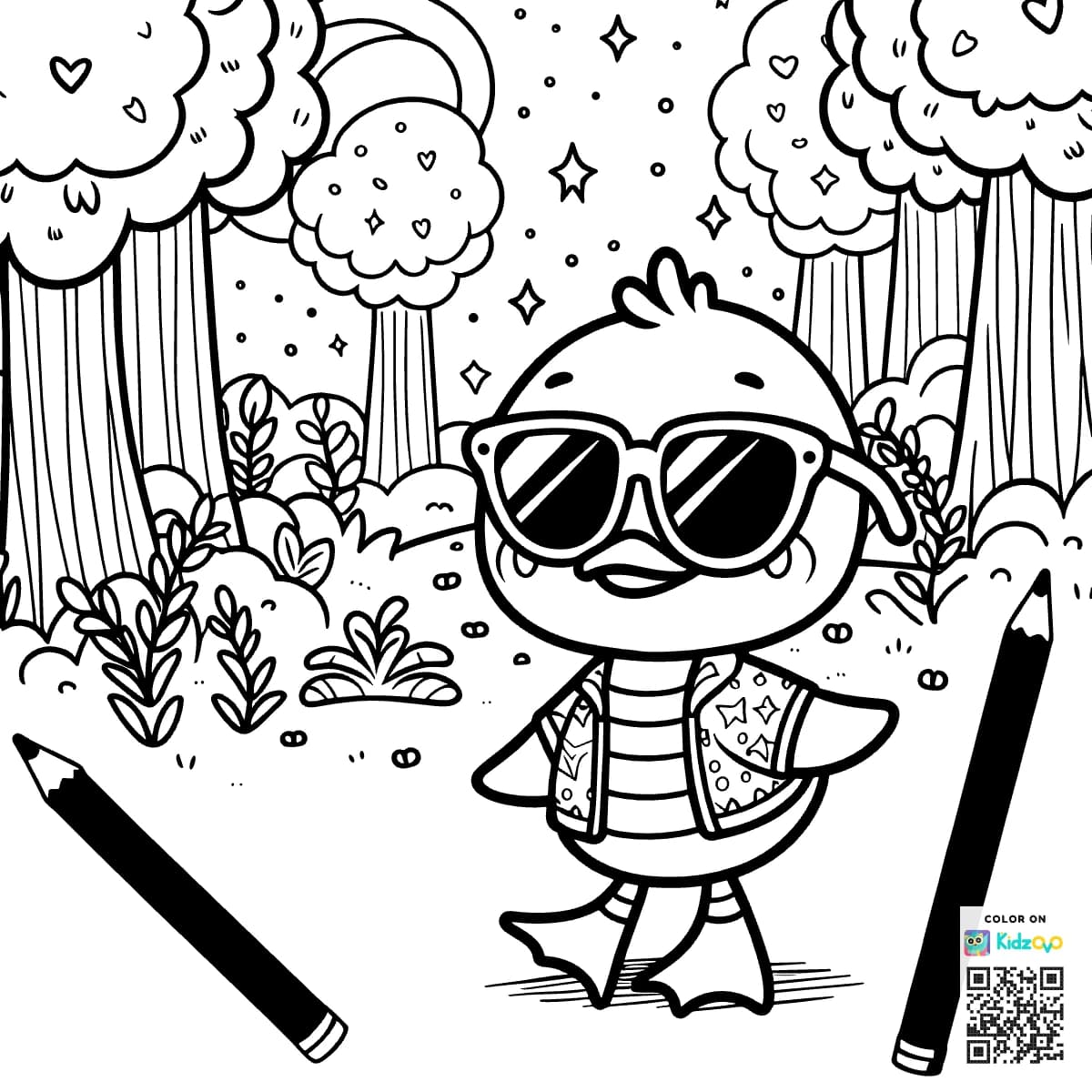 A Cute Duck in the Magic Forest wearing Sunglasses