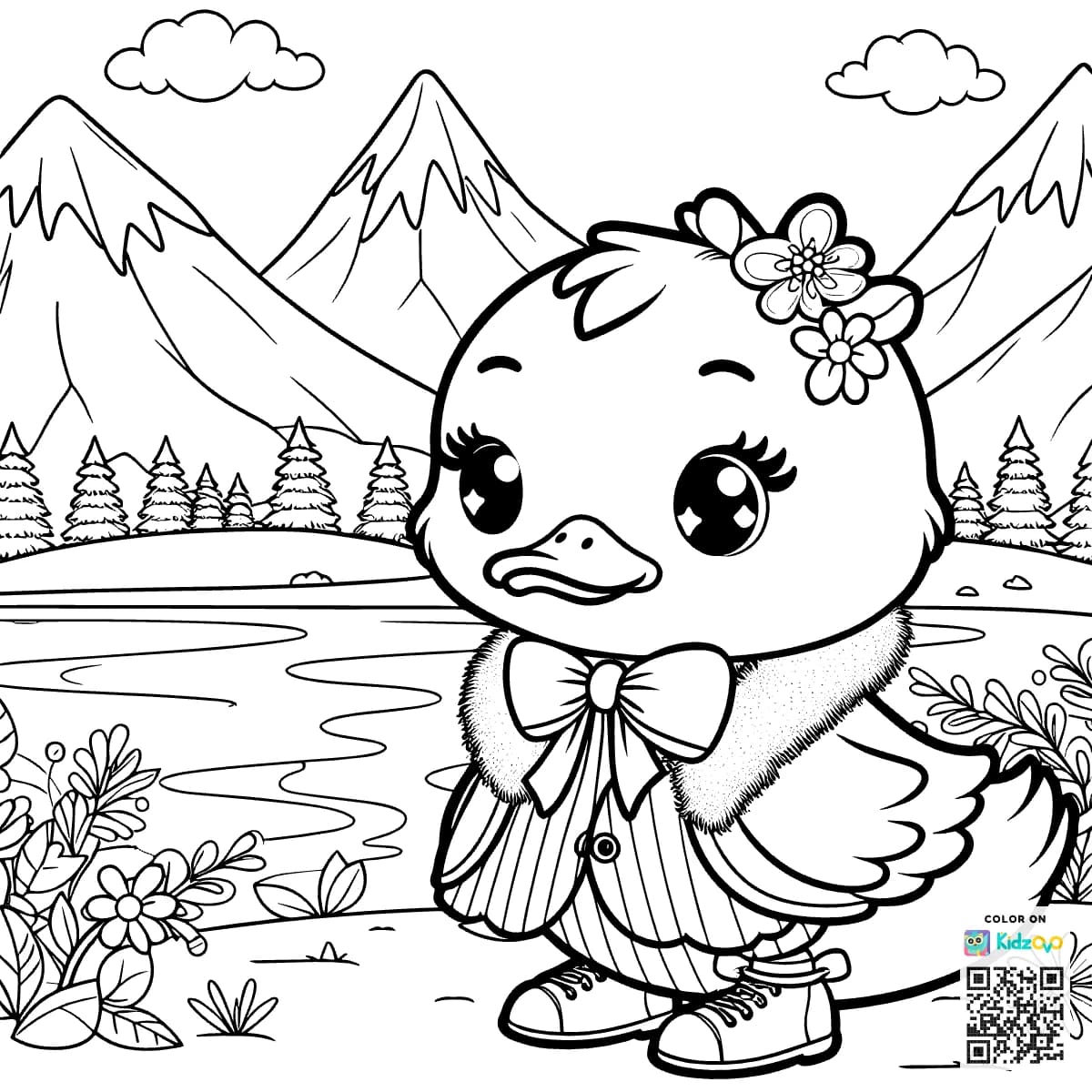 A Cute Duck in the Mountains wearing a beautiful dress