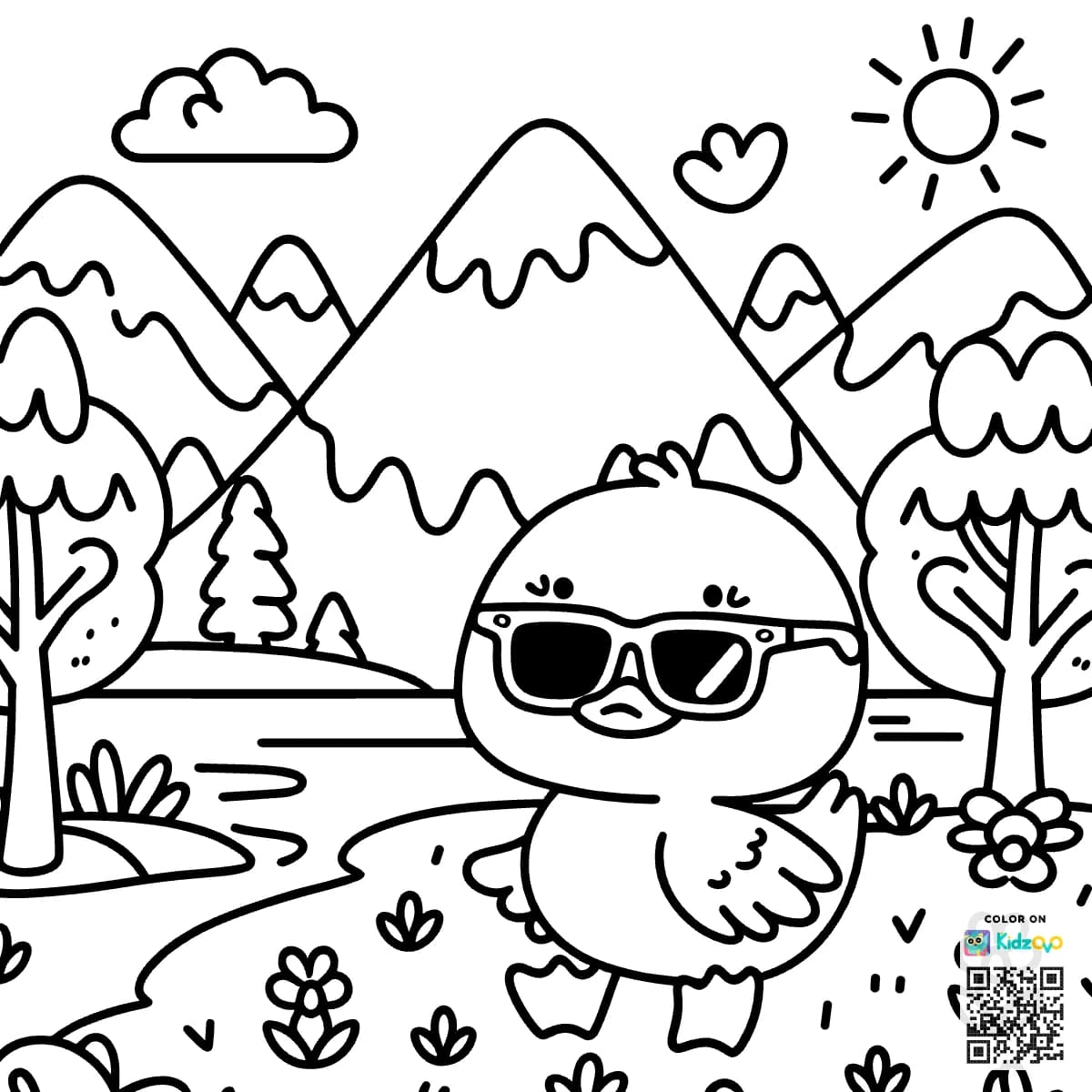 A Cute Duck in the Mountains wearing a Sunglasses