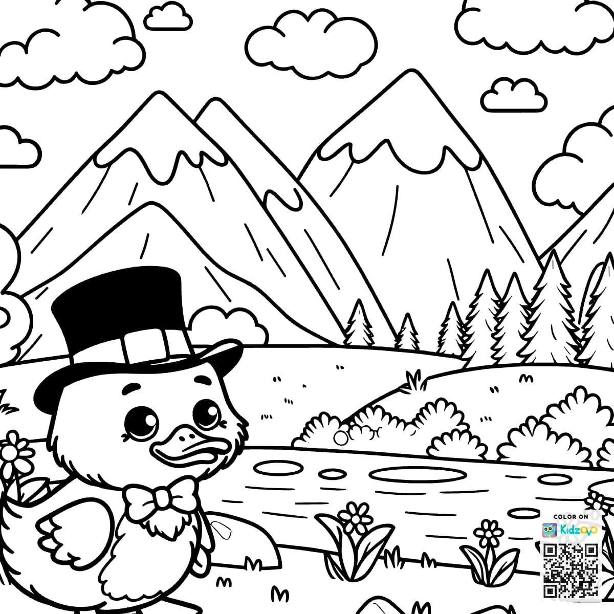 A Cute Duck in the Mountains wearing a Top Hat
