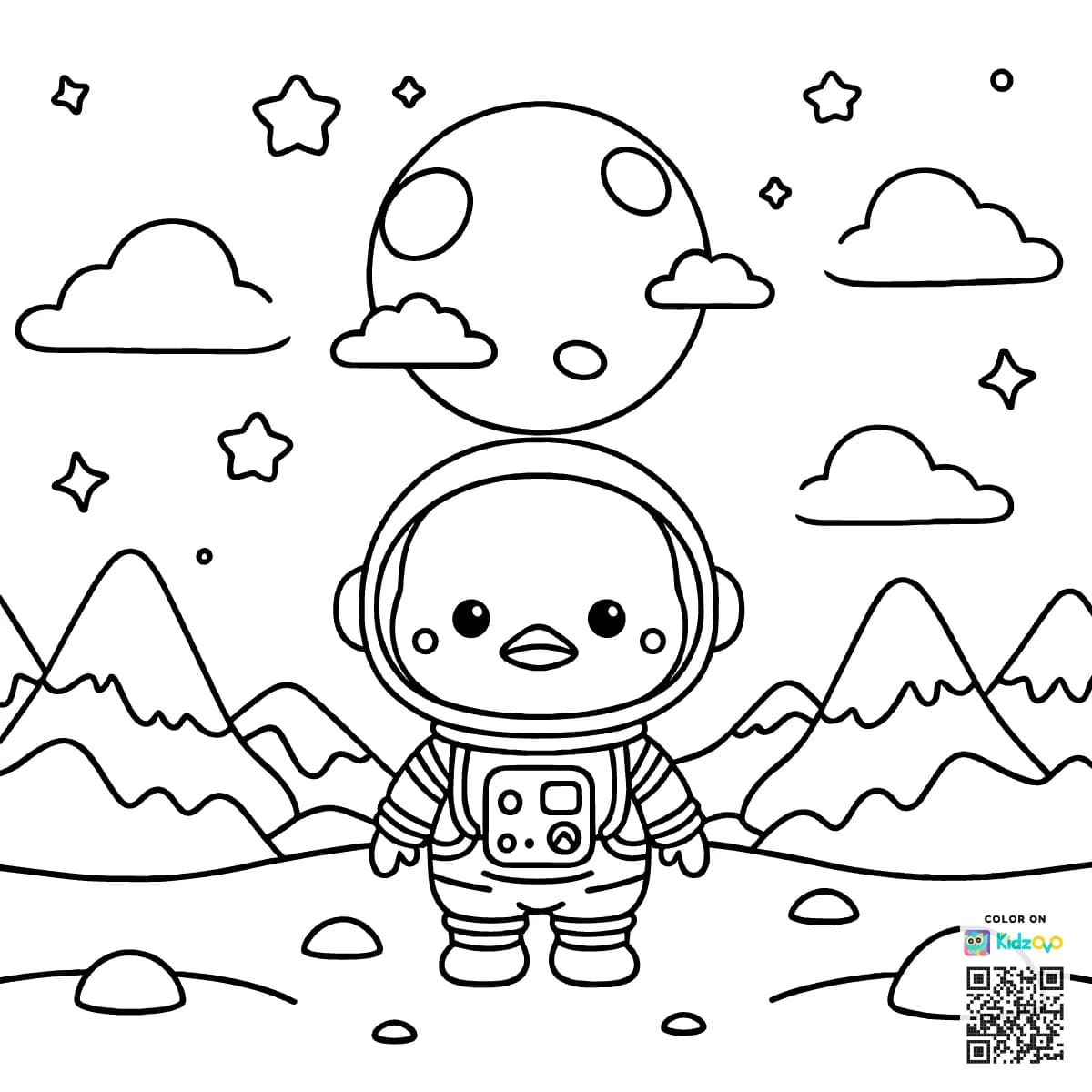 A Cute Duck in the Mountains wearing an astronaut suit