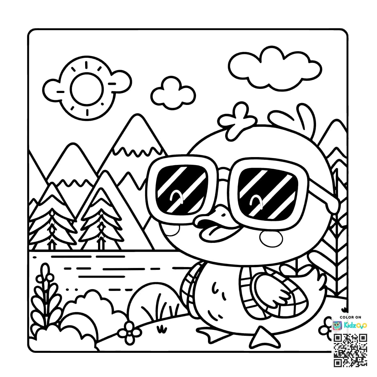 A Cute Duck in the Mountains wearing Sunglasses