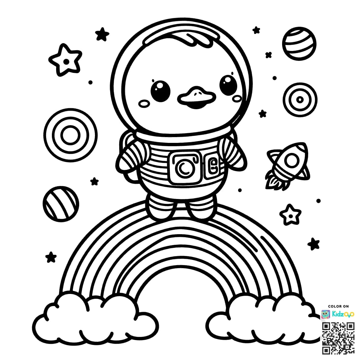 A Cute Duck on a Rainbow wearing an astronaut suit
