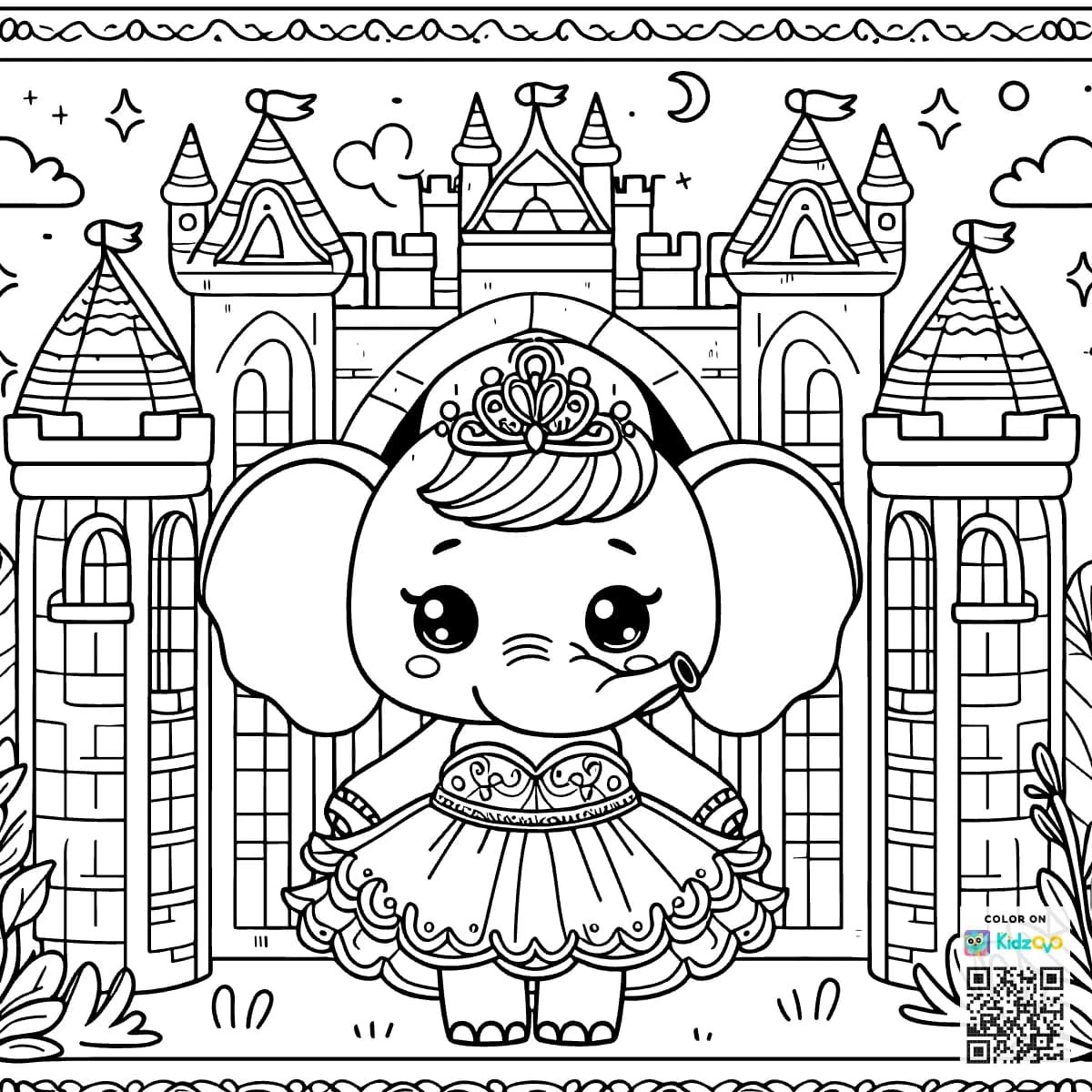 A Cute Elephant in a Castle wearing a beautiful dress