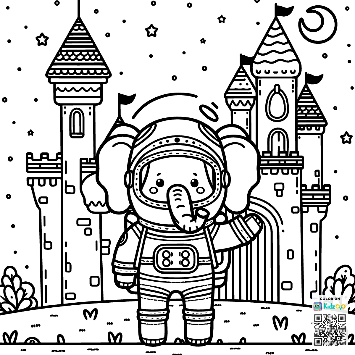 A Cute Elephant in a Castle wearing an astronaut suit