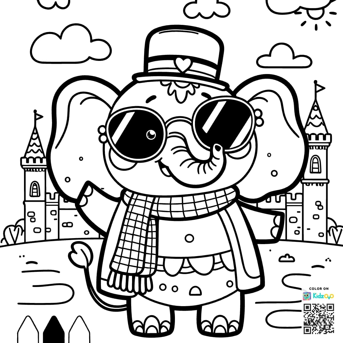 A Cute Elephant in a Castle wearing Sunglasses