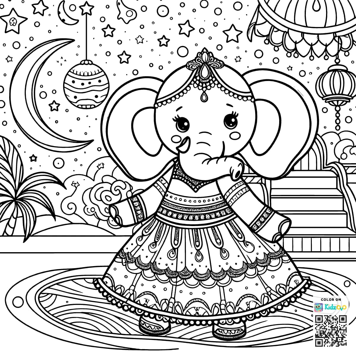 A Cute Elephant in Space wearing a beautiful dress