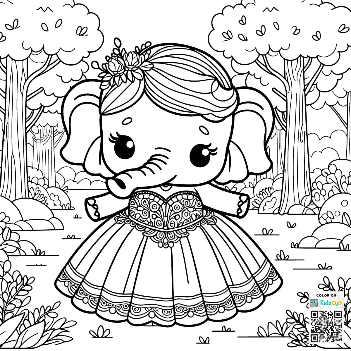 A Cute Elephant in the Magic Forest wearing a beautiful dress
