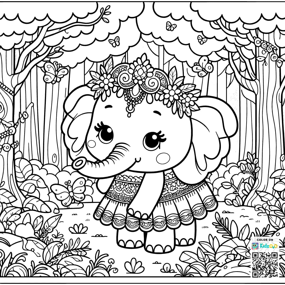 A Cute Elephant in the Magic Forest wearing a beautiful dress