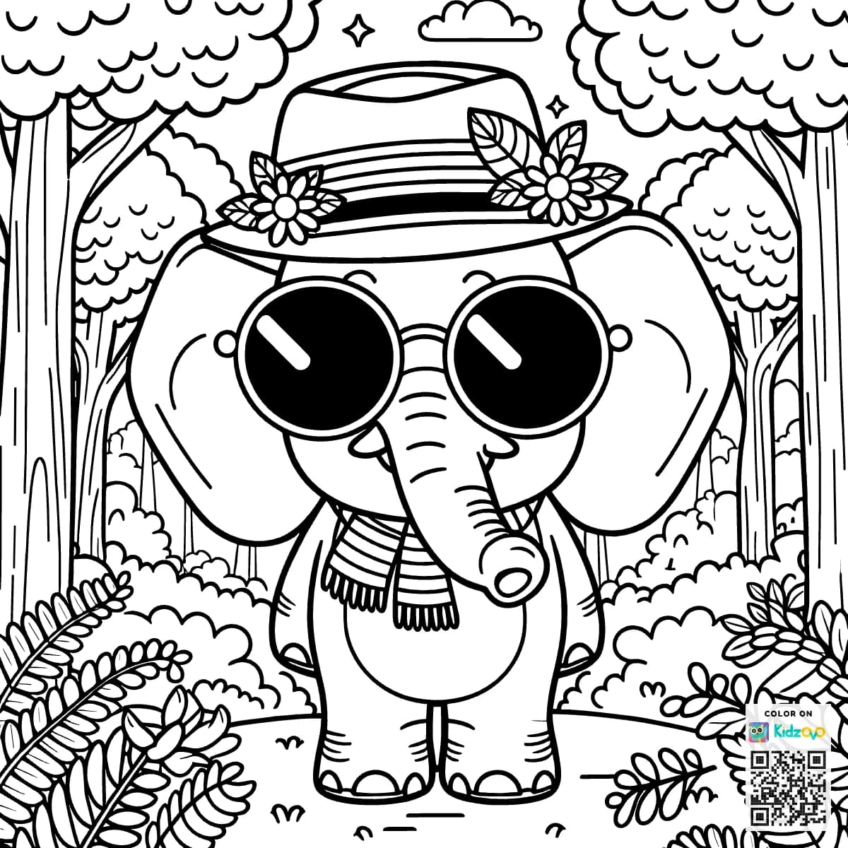 A Cute Elephant in the Magic Forest wearing a Sunglasses