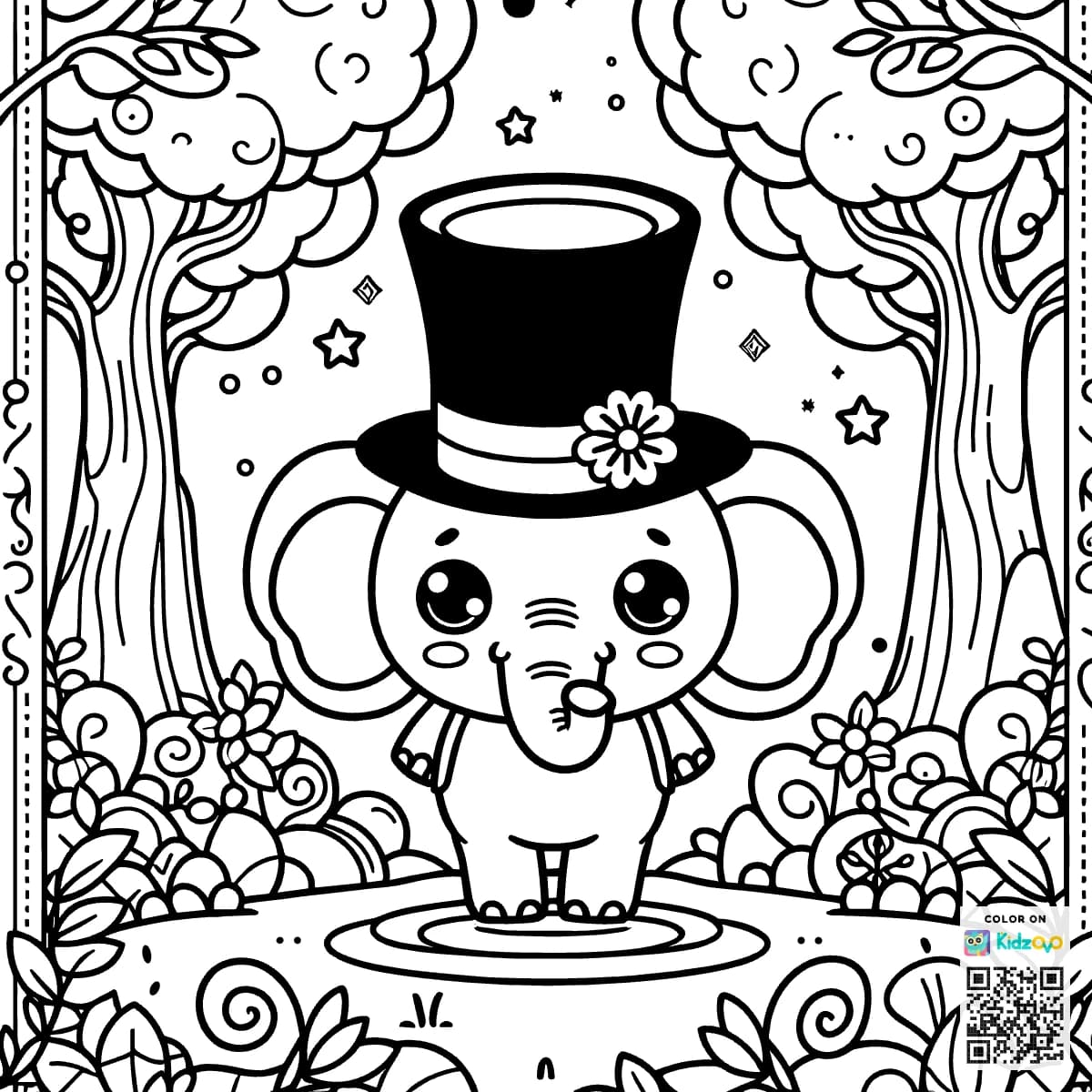 A Cute Elephant in the Magic Forest wearing a Top Hat