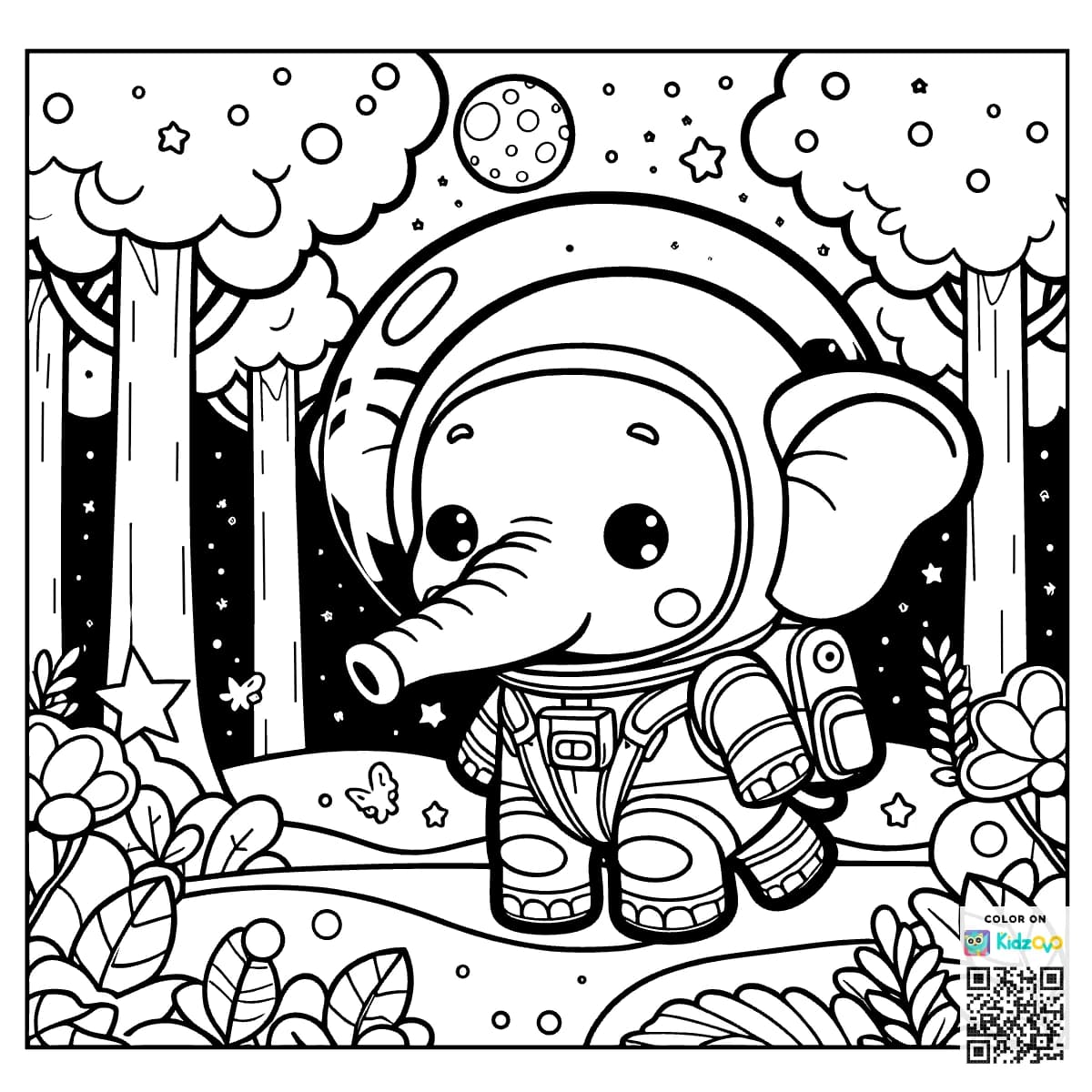 A Cute Elephant in the Magic Forest wearing an astronaut suit