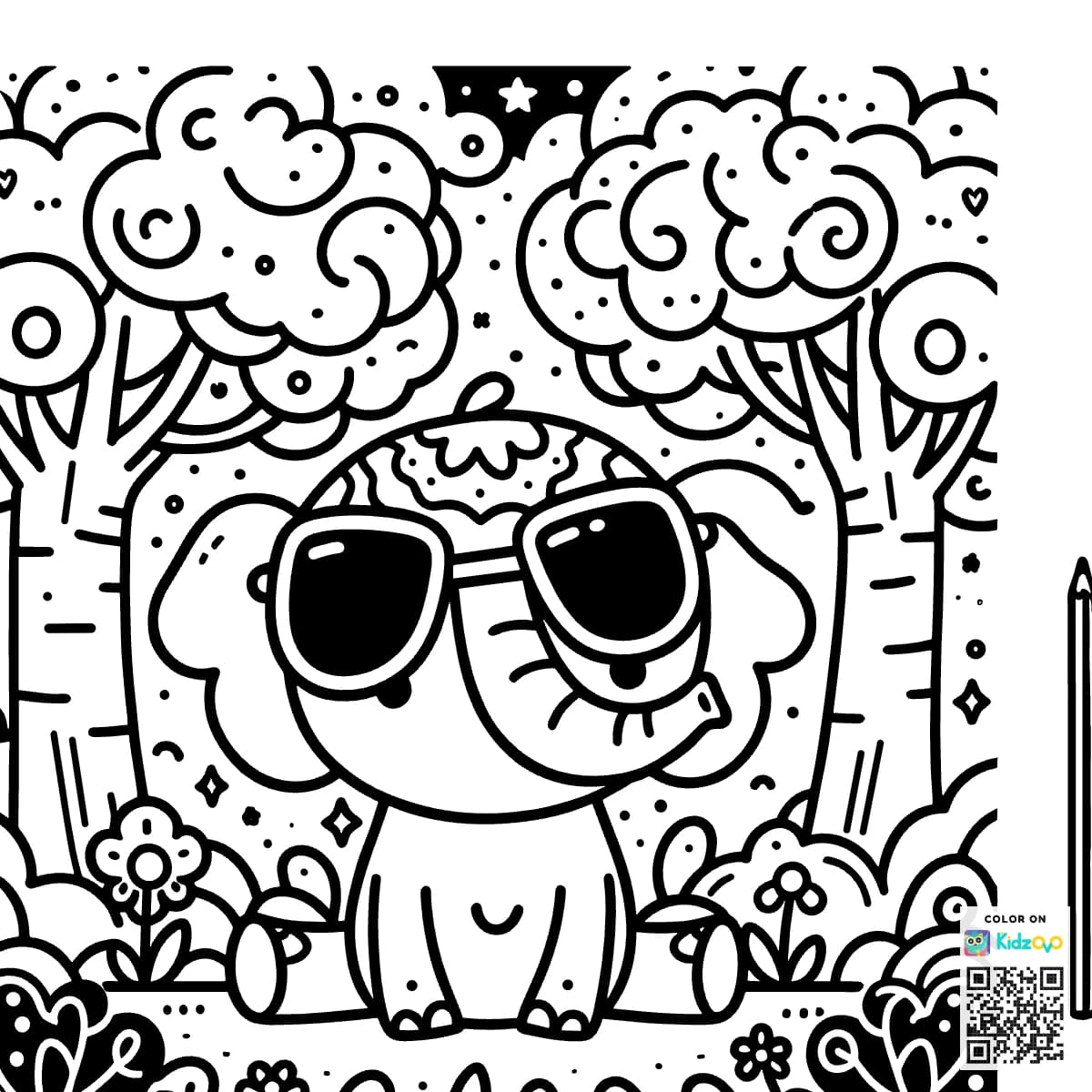 A Cute Elephant in the Magic Forest wearing Sunglasses