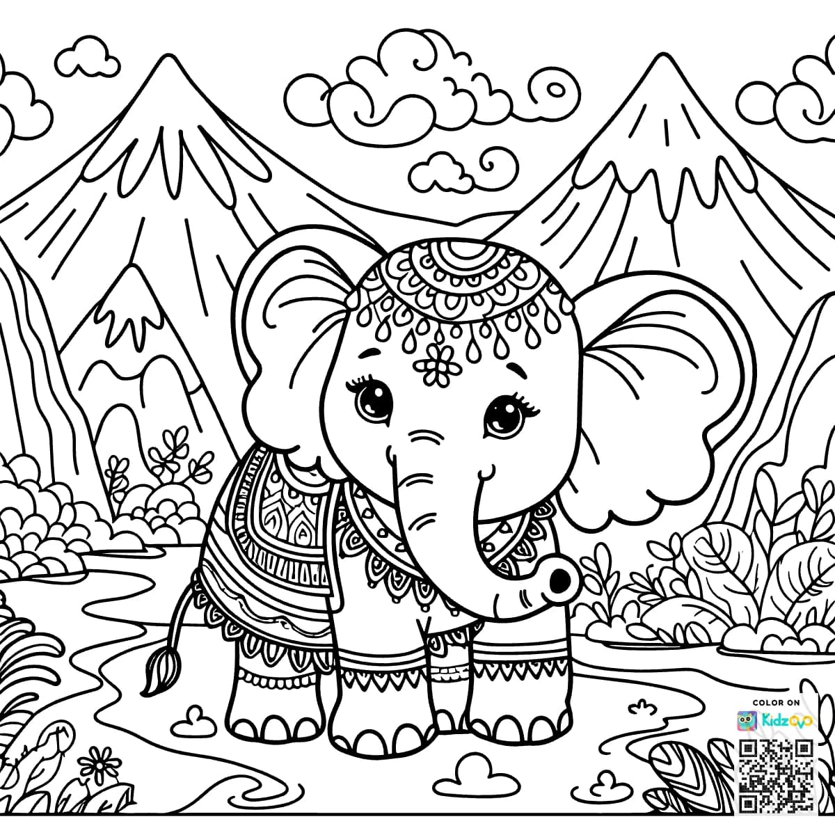 A Cute Elephant in the Mountains wearing a beautiful dress