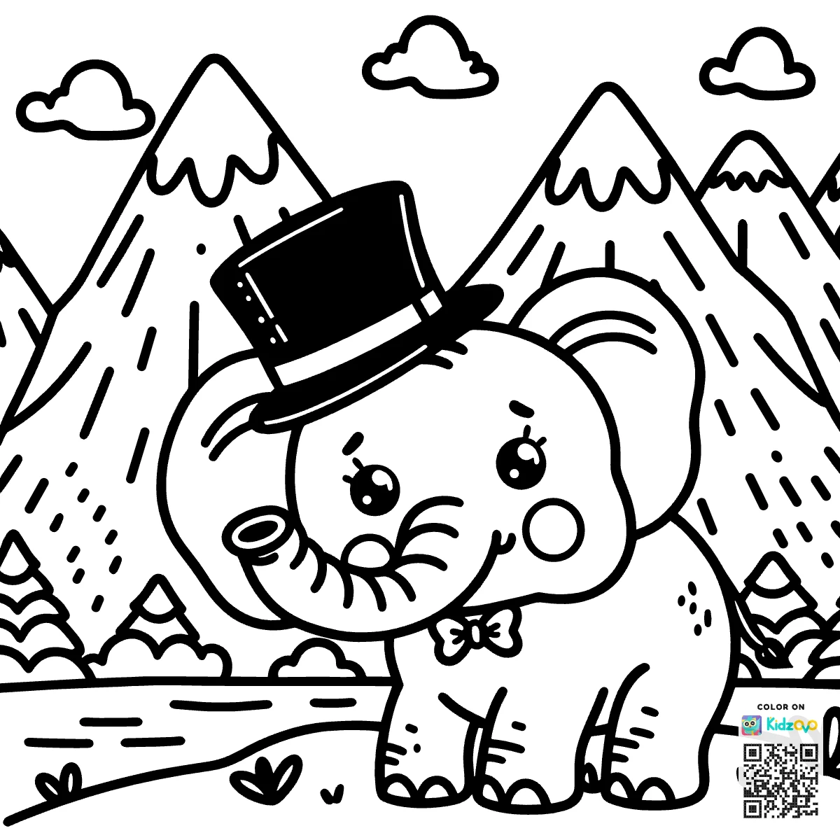A Cute Elephant in the Mountains wearing a Top Hat