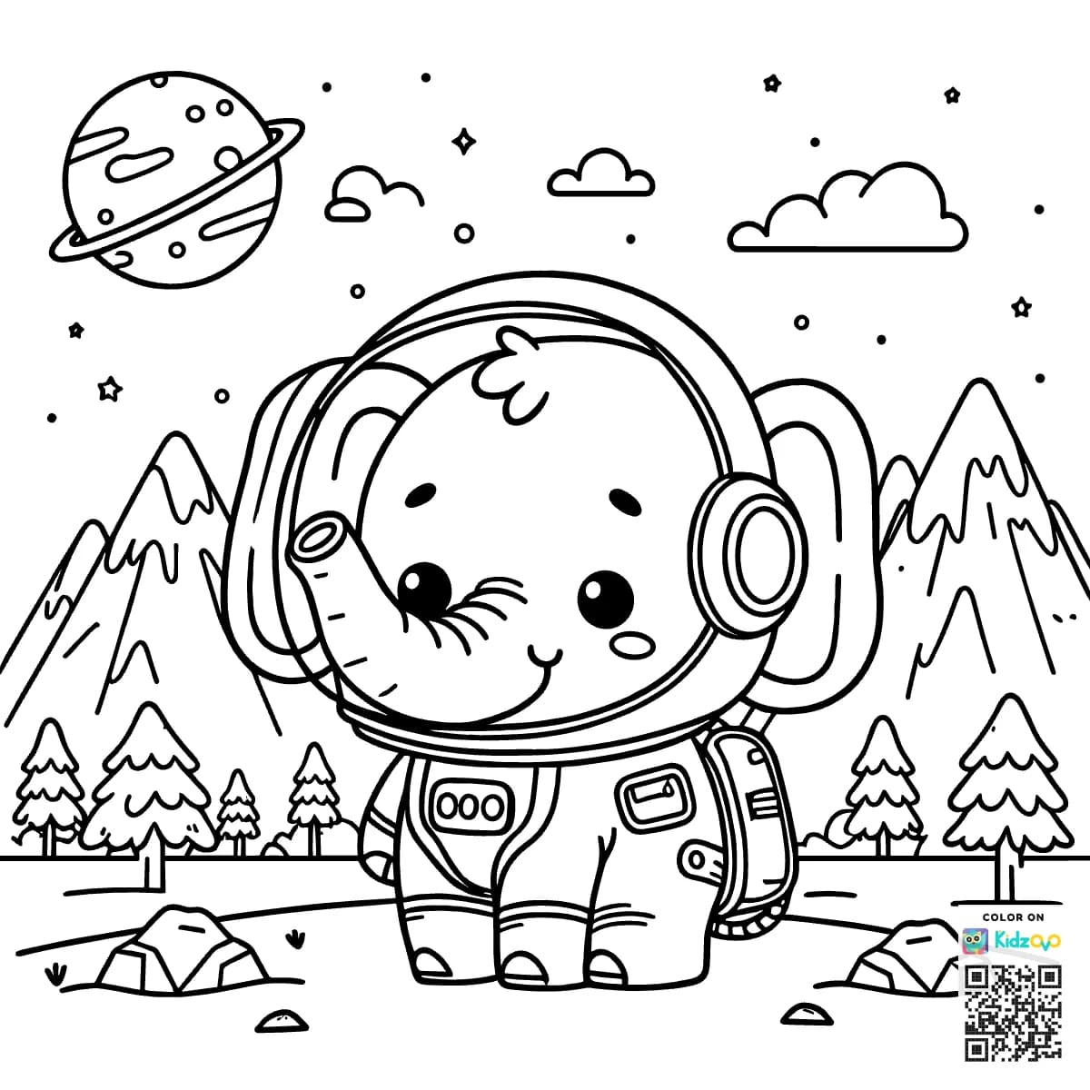 A Cute Elephant in the Mountains wearing an astronaut suit