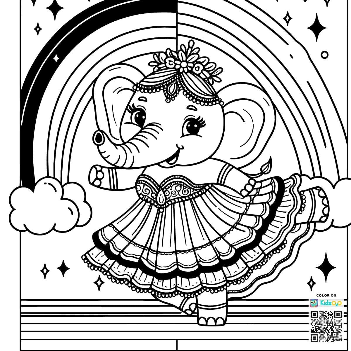 A Cute Elephant on a Rainbow wearing a beautiful dress