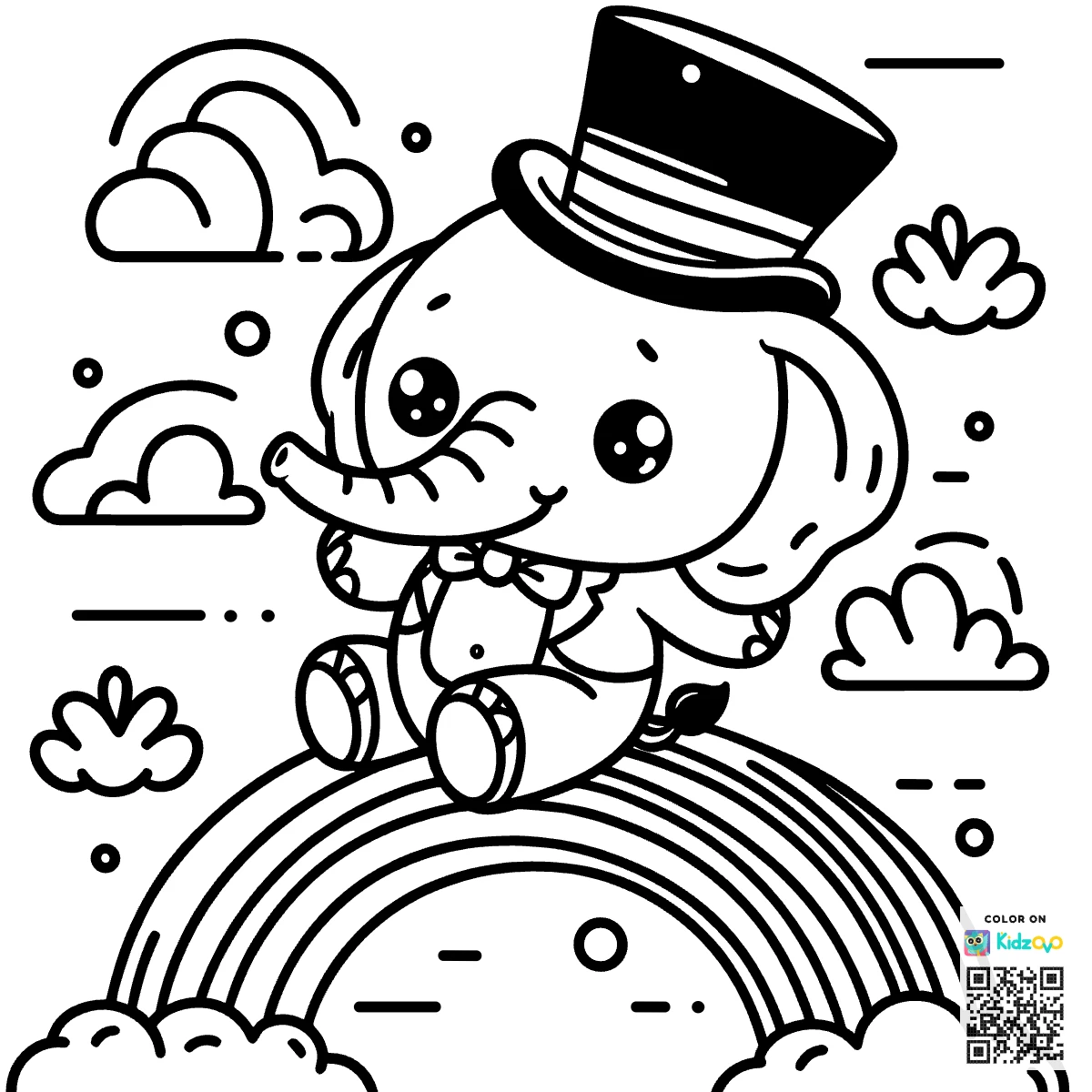A Cute Elephant on a Rainbow wearing a Top Hat
