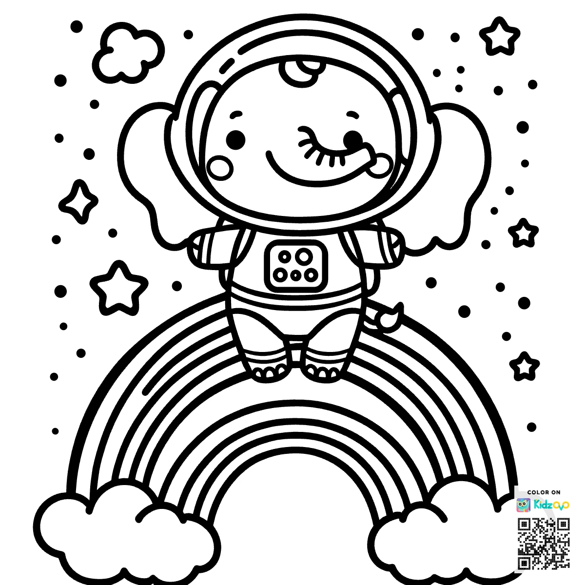 A Cute Elephant on a Rainbow wearing an astronaut suit