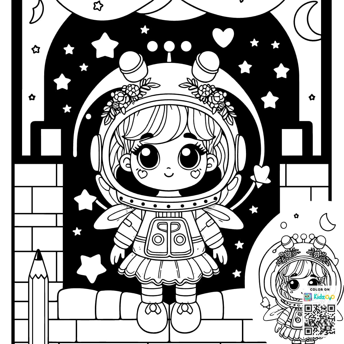 A Cute Fairy in a Castle wearing an astronaut suit