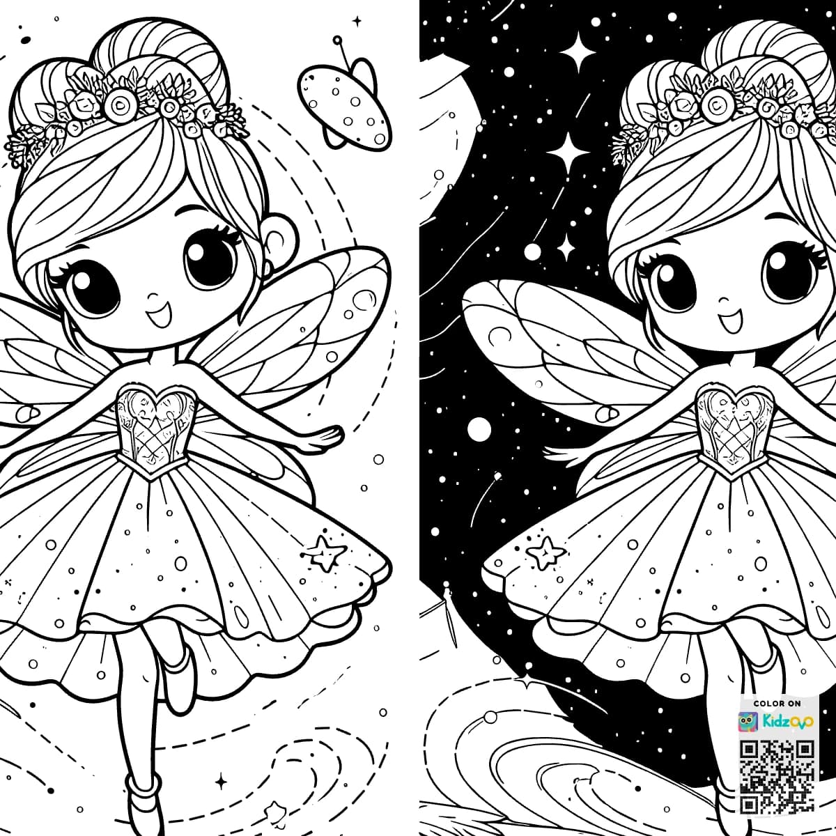 A Cute Fairy in Space wearing a beautiful dress