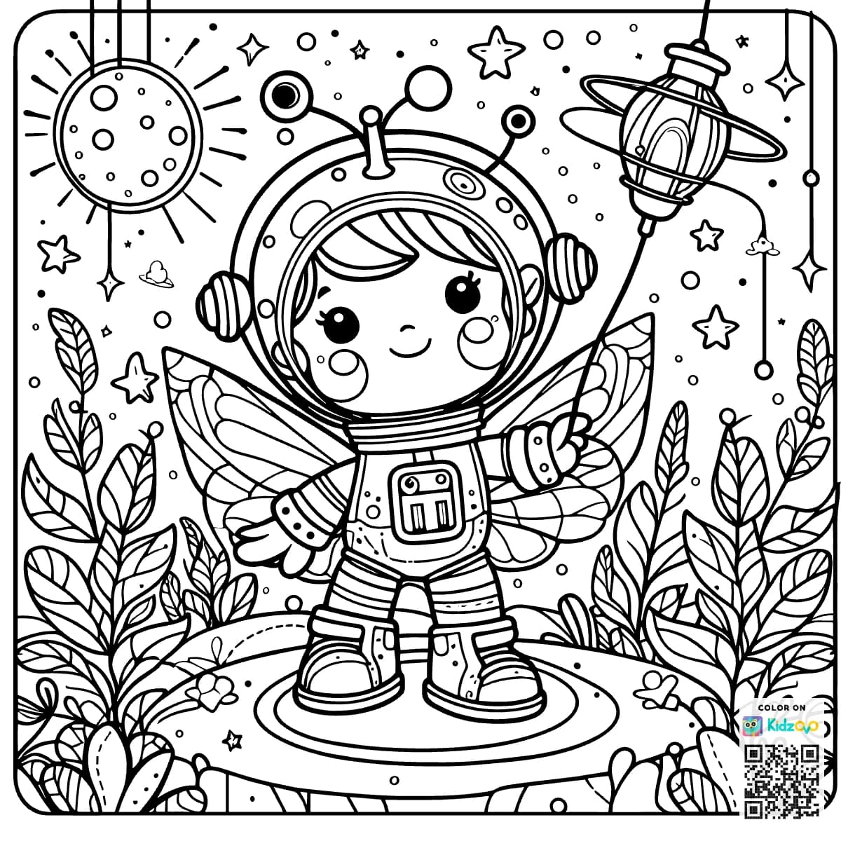 A Cute Fairy in Space wearing an astronaut suit