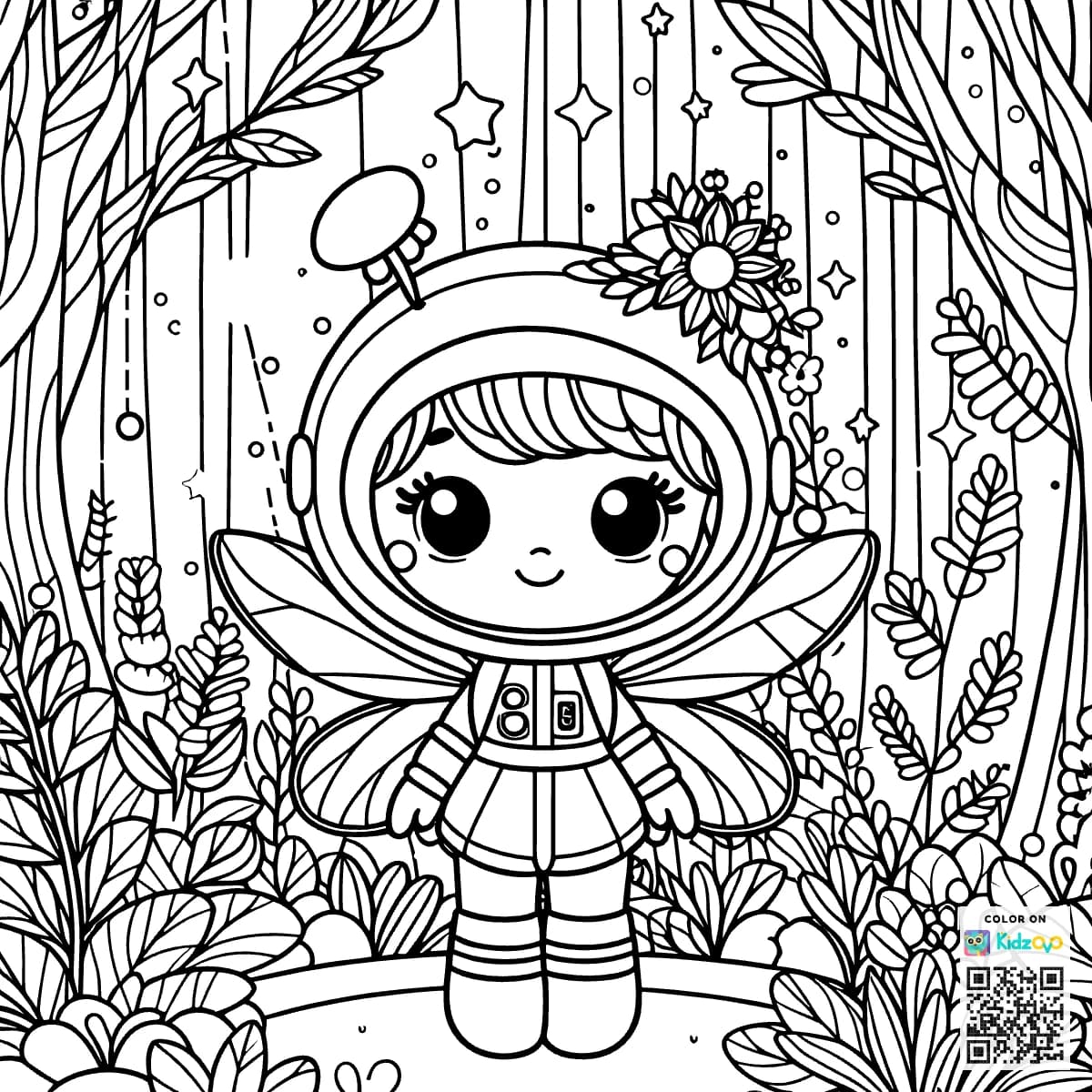 A Cute Fairy in the Magic Forest wearing an astronaut suit